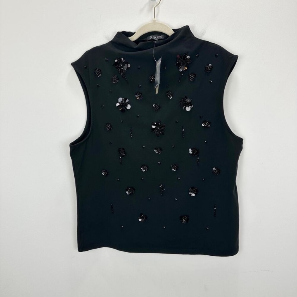 NWT J. Crew Stretch Cotton Mockneck Floral Embellished Sequin Black 3X - Picture 3 of 9